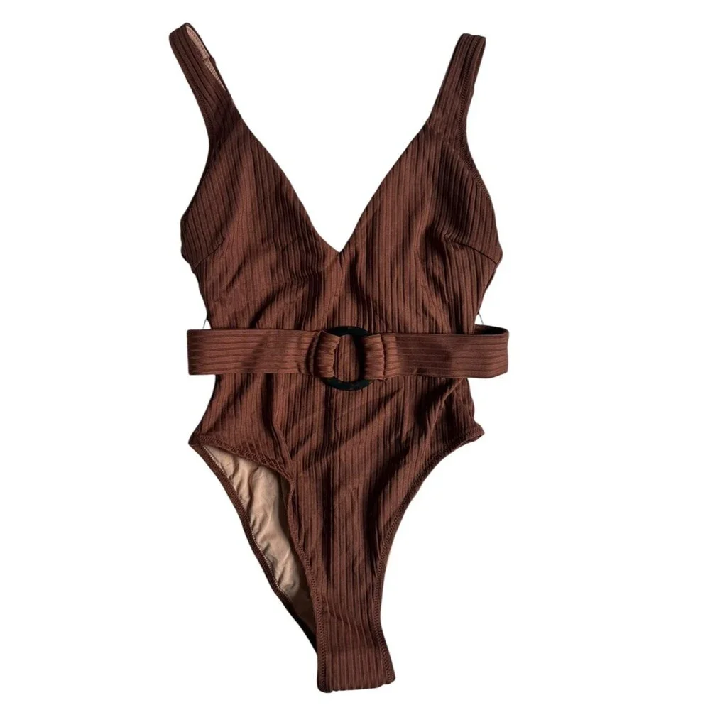 J.Crew NEW Wide Rib Belted One Piece Swimsuit Brown US 8 V Neck Beach Resortwear